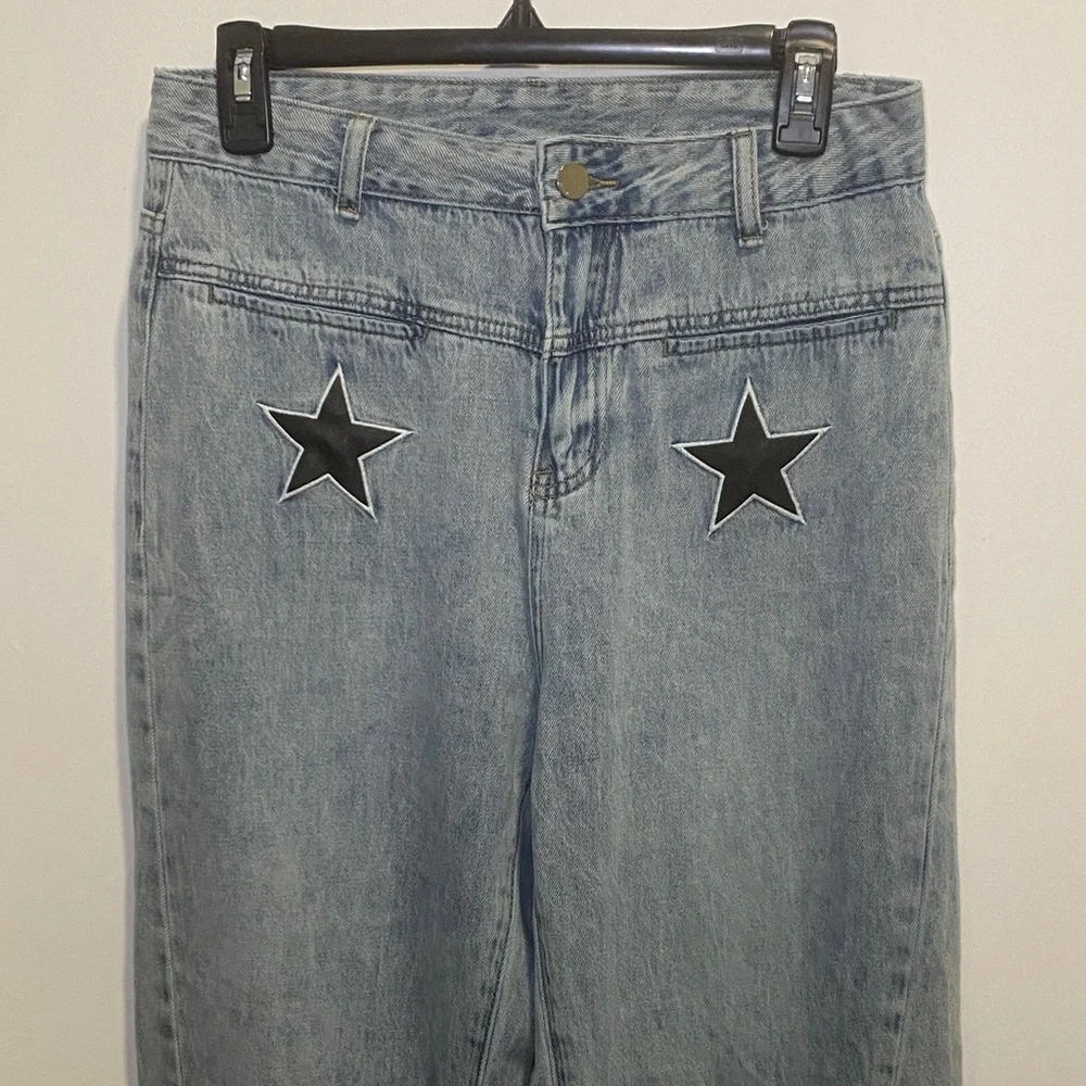 Light Blue Straight-Leg Jeans with Star Patches - Picture 2 of 4
